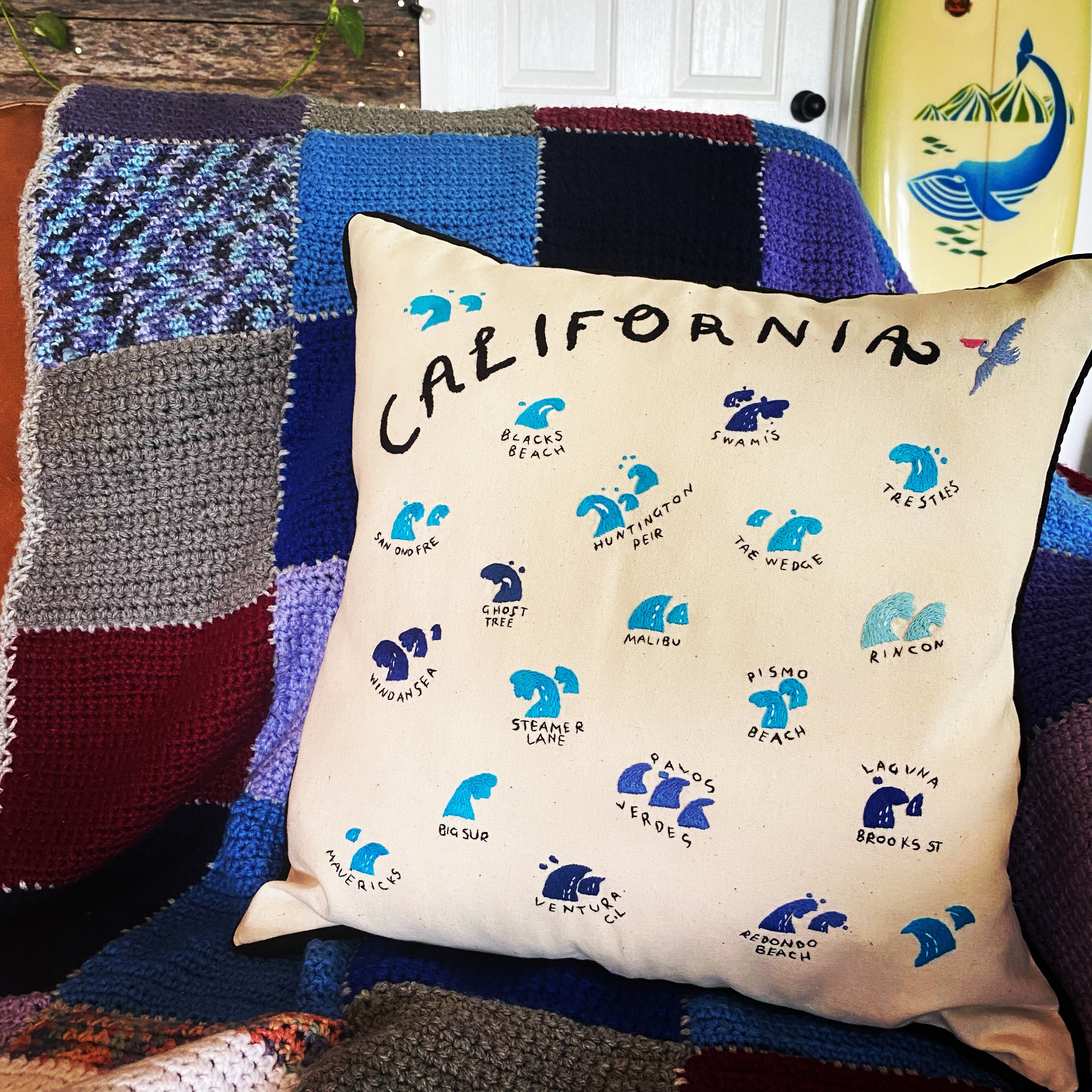 WAVES of CALIFORNIA / Hand Embroidered Pillow / az 062