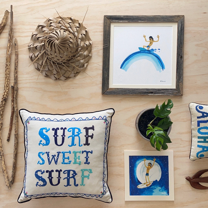 SURF SWEET SURF / Hand Embroidered Pillow / az 065